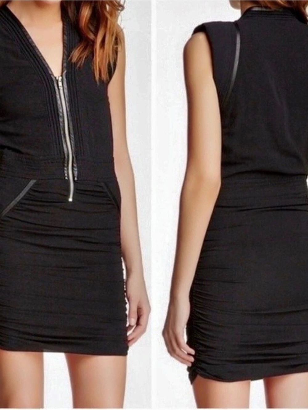 IRO Jadela Black Silk Leather Trim Draped Zip Dress – Size EU 40 / US 8